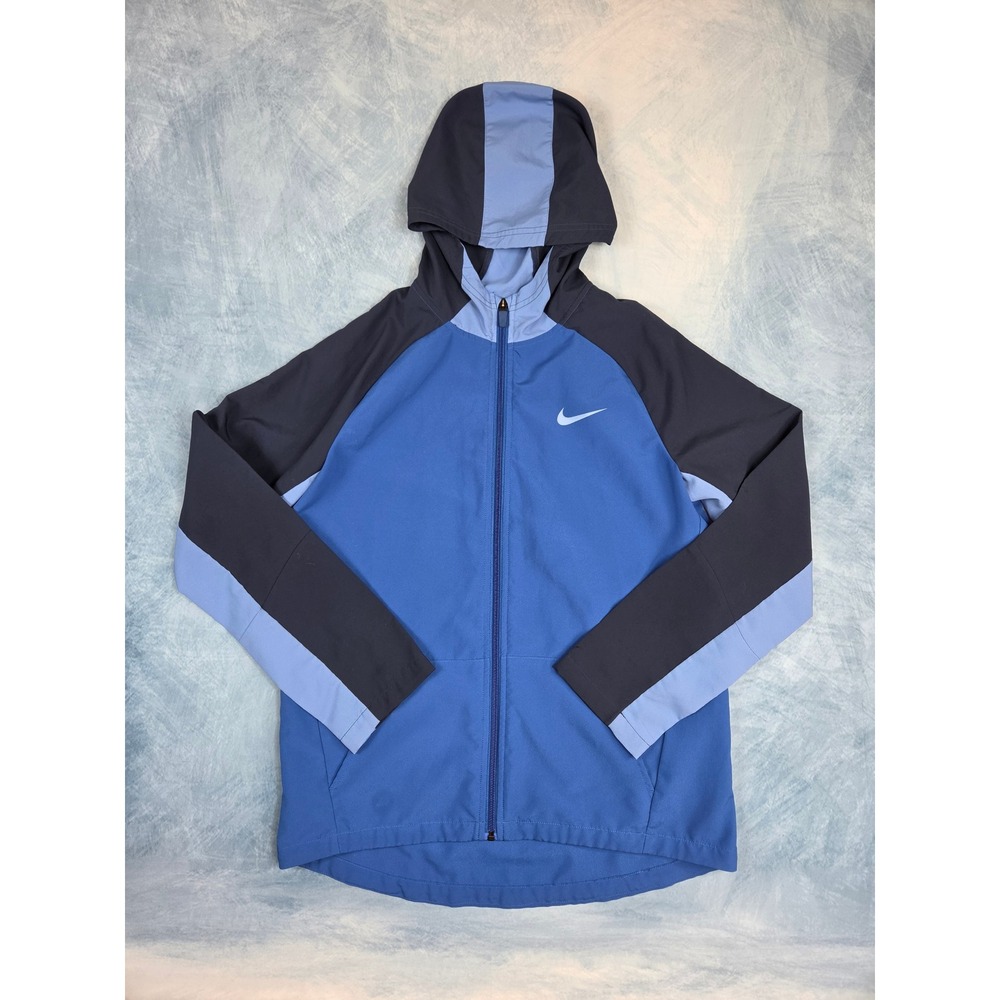 Nike Dri-FIT Boys Woven Jacket XL Blue Navy Colorblock Hooded Full Zip DO7095